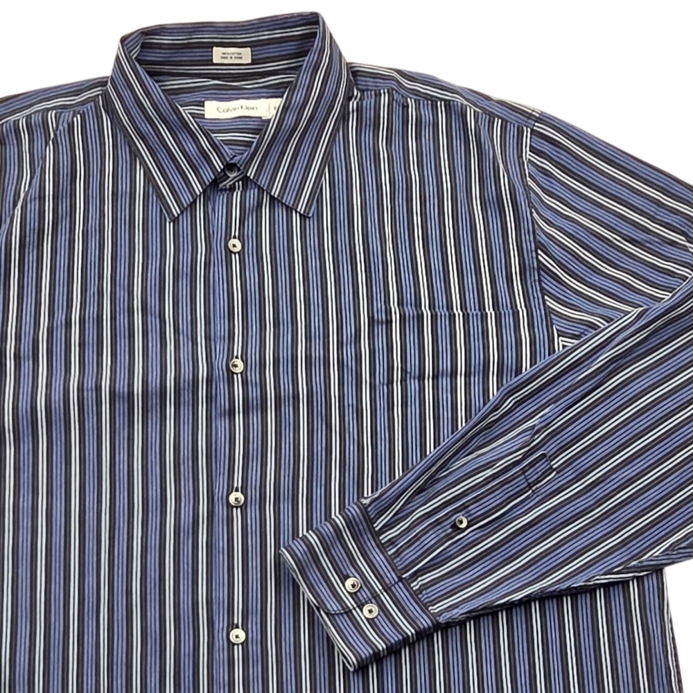 Calvin Klein Blue Striped Button Up Shirt Long Sleeve Cotton Dress Shirt Mens XL